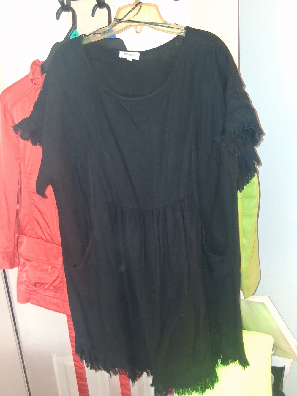 Umgee Black Short Sleeve Fringe Pocket Dress